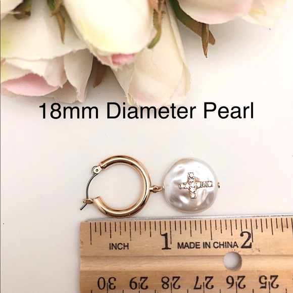 COPY - CZ Cross Freshwater Coin Pearl Gold Hoop Earrings, NEW! Ships in gift box - Picture 8 of 8